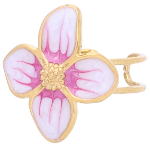 Bague fleur 23x21 mm avec résine époxy - Acier inox 304L Doré - Rose nacré x1