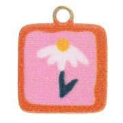 Breloque carrée 9.5x8 mm impression UV - Fleur - Acier inox 304L Doré - Rose x1|raw }}