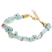 Bracelet en tissu fleurs noué avec 3 anneaux - Acier inox 304L Doré - Menthe x18cm