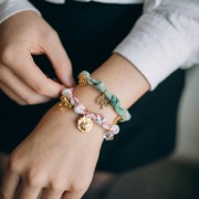 Bracelet en tissu fleurs noué avec 3 anneaux - Acier inox 304L Doré - Menthe x18cm