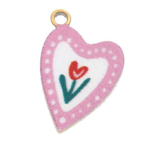 Breloque coeur 12x8 mm impression UV - Tulipe - Acier inox 304L Doré - Rose x1