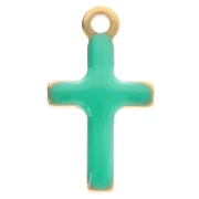 Breloques croix 10x5.5mm avec résine époxy - Acier inox 304 Doré Vert turquoise x4