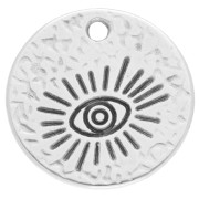 Pendentif rond martelé motif oeil - 19.5 mm - Placage argent fin vieilli x1