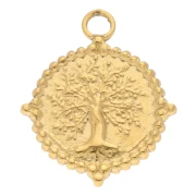 Pendentif rond 19 mm motif arbre de vie - Acier inoxydable 304 Doré x1