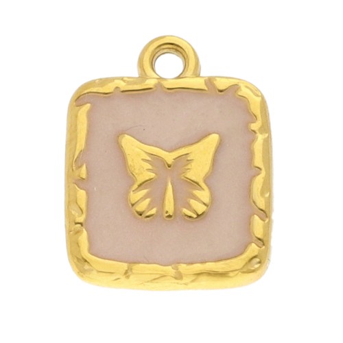 Breloque carrée 15.5x12 mm motif papillon et époxy - Acier inox 304 Doré - Nude