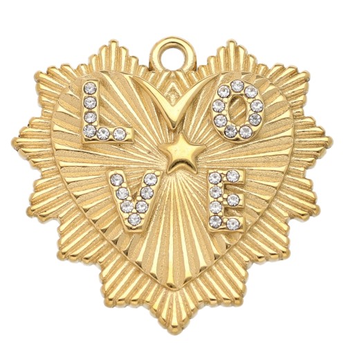 Pendentif coeur 29x30 mm motif Love avec strass - Acier inoxydable 304L Doré x1