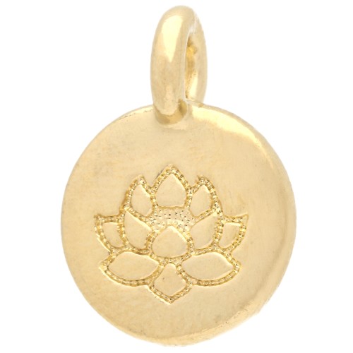 Breloque ronde 12 mm - motif fleur de lotus - Doré à l'or fin x1