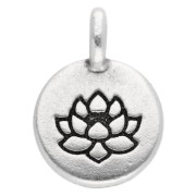 Breloque ronde 12 mm - motif fleur de lotus - Placage Argent fin vieilli x1