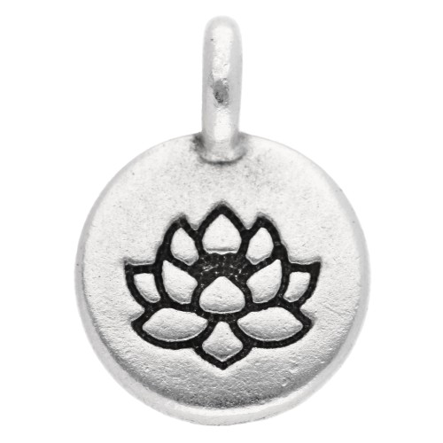 Breloque ronde 12 mm - motif fleur de lotus - Placage Argent fin vieilli x1