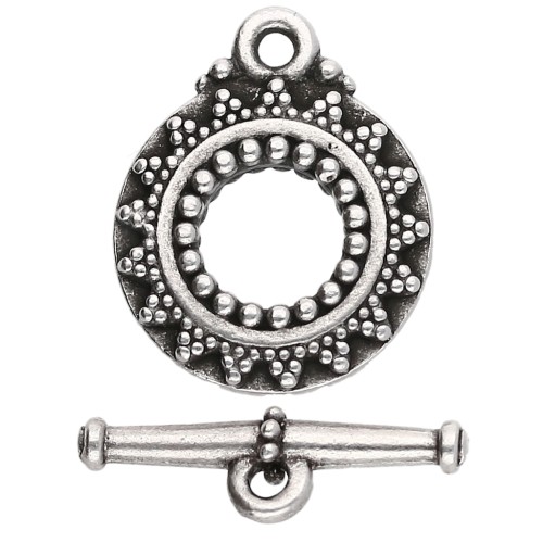 Fermoir T rond 16.5 mm - motif ethnique - Placage Argent fin vieilli x1