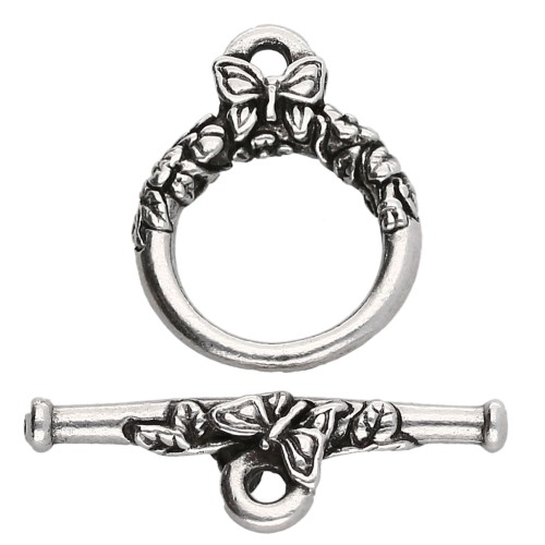 Fermoir T rond 15 mm - motif papillon - Placage Argent fin vieilli x1