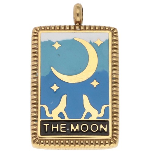 Pendentif carte tarot 26x15 mm La Lune Résine époxy - Acier inox 304 Doré Bleu x1