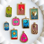 Pendentif carte tarot 26x15 mm La Lune Résine époxy - Acier inox 304 Doré Bleu x1