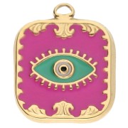 Pendentif rectangle Oeil 20x16mm Résine époxy Acier inoxydable 304 Doré Fuchsia x1