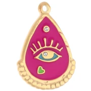 Pendentif goutte Oeil 26x18mm Résine époxy - Acier inoxydable 304 Doré Fuchsia x1
