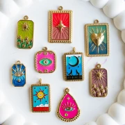 Pendentif goutte Oeil 26x18mm Résine époxy - Acier inoxydable 304 Doré Fuchsia x1