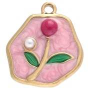 Breloque irrégulière 15.5x14mm motif fleur avec époxy - Acier inox Doré 304 - Rose|raw }}