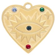 Pendentif coeur 20 mm motif oeil avec strass - Acier inoxydable 304 Doré x1|raw }}