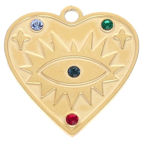 Pendentif coeur 20 mm motif oeil avec strass - Acier inoxydable 304 Doré x1