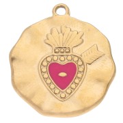 Pendentif rond 19 mm Coeur Ex voto Résine époxy Acier inoxydable 304 Doré Rose x1