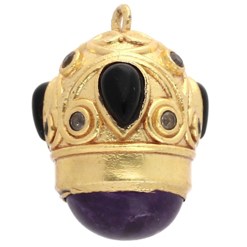 Pendentif ethnique 20x15mm CZ & pierre gemme - Doré Or fin - Amethyste - Onyx noir