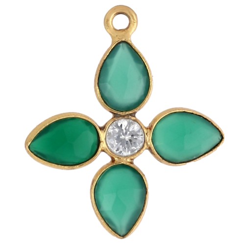 Pendentif fleur 24x21 mm pierre gemme teintée et CZ - Doré à l'or fin - Onyx vert