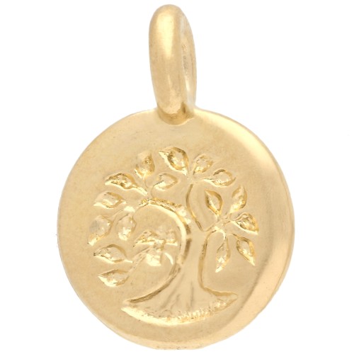 Breloque ronde 12 mm - motif arbre de vie - Doré à l'or fin x1
