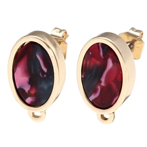 Clous d'oreilles ovales 16x10 mm avec résine époxy - Doré - Marbré Rouge - Bleu x2