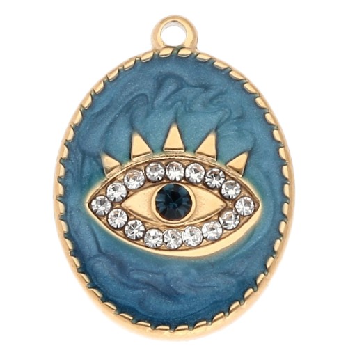 Pendentif ovale 20x15 mm motif oeil - époxy et strass - Acier inox 304 Doré - Bleu