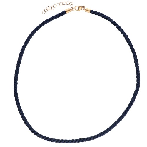 Collier cordon torsadé en polyester 4 mm - Acier inox 304 Doré - Bleu marine x46cm
