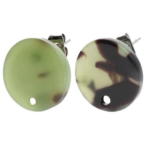 Clous d'oreilles ronds 15 mm en acétate - Ecaille de tortue - Vert foncé - Noir x2