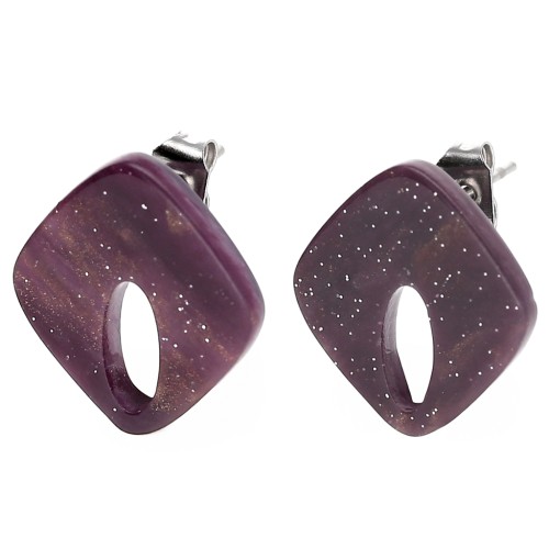 Clous d'oreilles losange évidé 16x14 mm acrylique - Marbré Violet pailleté x2