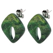 Clous d'oreilles losange évidé 16x14 mm acrylique - Marbré Vert foncé pailleté x2