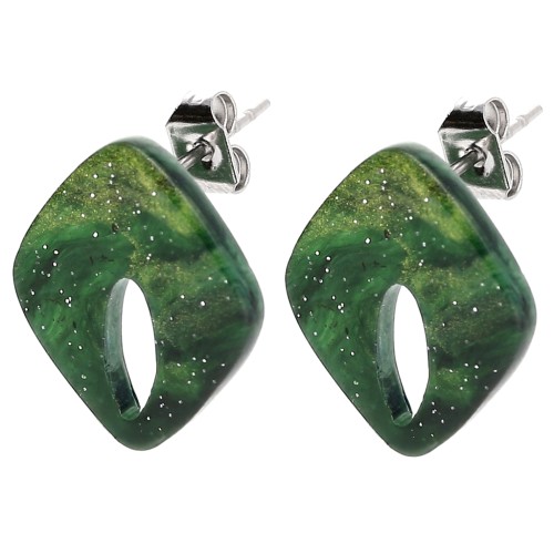 Clous d'oreilles losange évidé 16x14 mm acrylique - Marbré Vert foncé pailleté x2