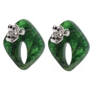 Clous d'oreilles losange évidé 16x14 mm acrylique - Marbré Vert foncé pailleté x2