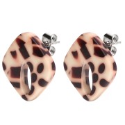 Clous d'oreilles losange évidé 16x14 mm acétate - Tacheté Marron - Crème x2