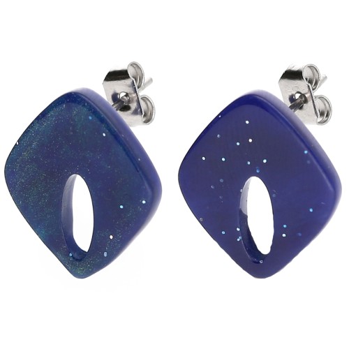 Clous d'oreilles losange évidé 16x14 mm acrylique - Marbré Bleu nuit pailleté x2