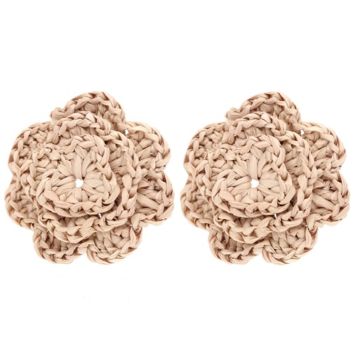 Boucles d'oreilles fleur 36 mm en raphia - Beige x2