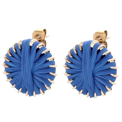 Clous d'oreilles rond 14.5 mm en raphia - Bleu royal - Doré x2
