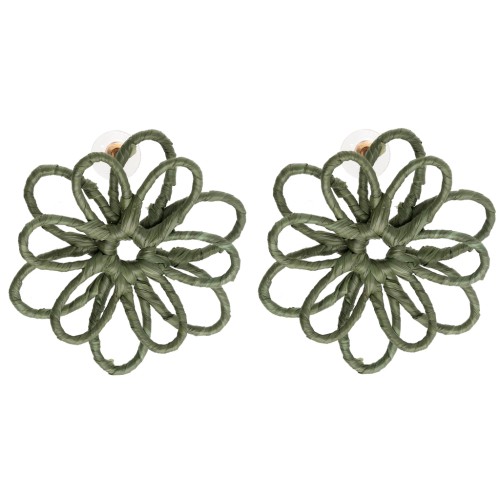 Boucles d'oreilles fleur en fil - volume 3D - 50x45 mm en raphia - Kaki x2