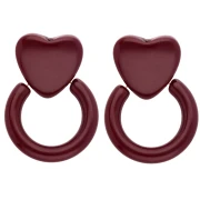 Boucles d'oreilles coeur et cercle 49x35 mm en résine - Bordeaux x2