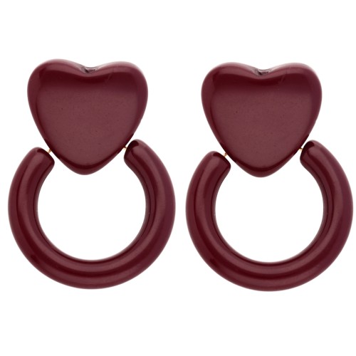 Boucles d'oreilles coeur et cercle 49x35 mm en résine - Bordeaux x2