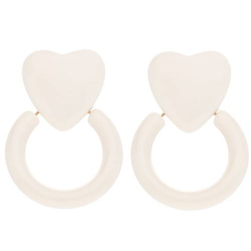 Boucles d'oreilles coeur et cercle 49x35 mm en résine - Ecru x2