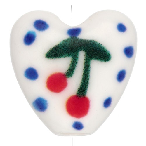 Perle coeur 15 mm en céramique - motif cerise - Blanc - Bleu x1