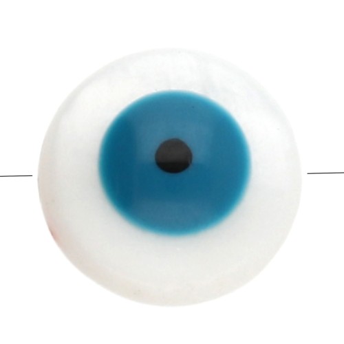 Perle ronde en nacre 10 mm motif oeil - Bleu canard x1