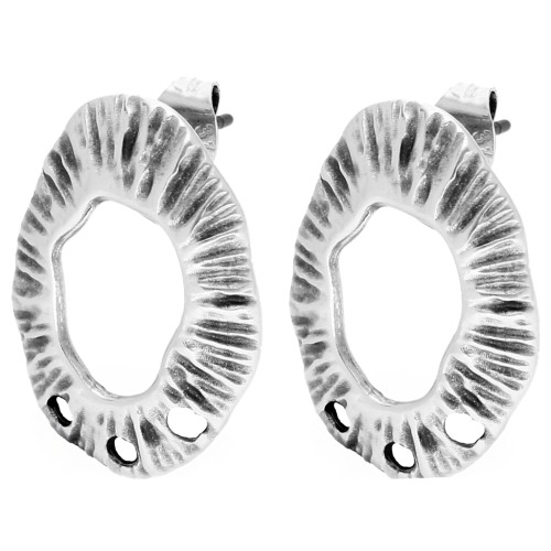 Clous d'oreilles ovale évidé texturé 23x16mm 3 trous Placage Argent fin vieilli x2