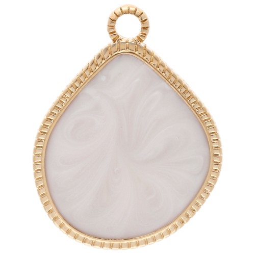 Pendentif goutte irrégulière 32x24 mm résine époxy - Doré à l'or fin - Blanc nacré