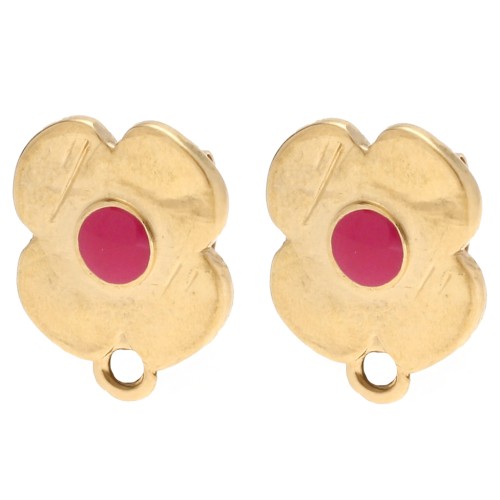 Clous d'oreilles fleurs 16x13 mm résine époxy - Doré à l'or fin - Rose x2
