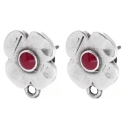 Clous d'oreilles fleurs 16x13mm résine époxy Placage Argent fin vieilli - Rouge x2
