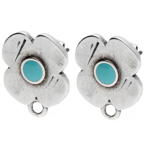 Clous d'oreilles fleurs 16x13mm résine époxy Placage Argent fin vieil Turquoise x2
